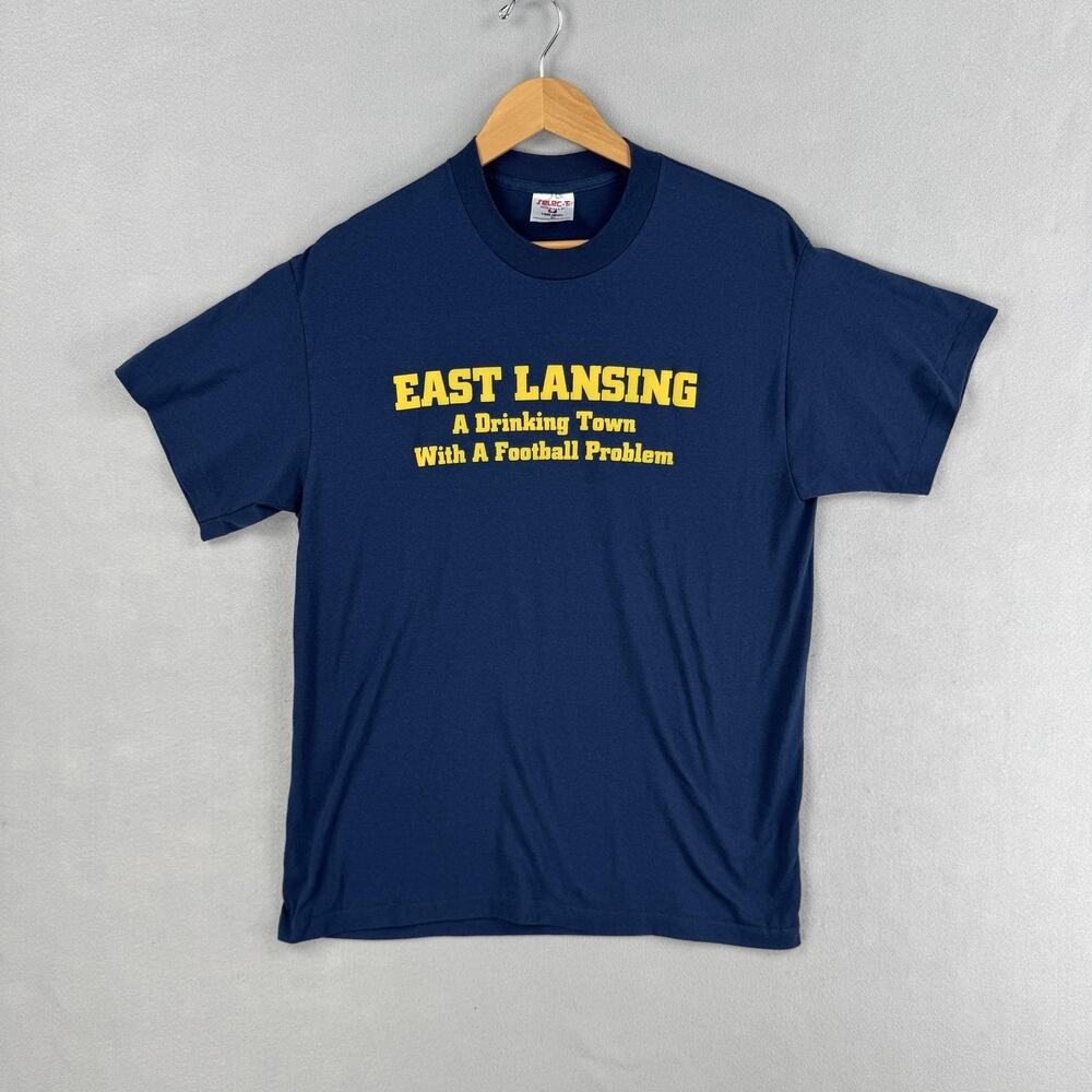 Vintage East Lansing Shirt Mens XL Blue Drinking Town Football Funny Tee USA